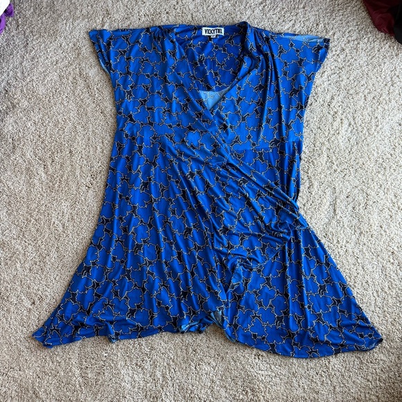 Vicky Tiel Women’s Royal Blue Leaf Print Short‎ Sleeve Size 2X Wrap Dress - Picture 5 of 6